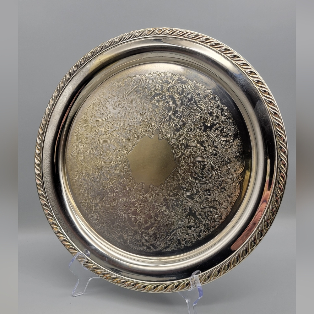 Vintage Oneida 1930s Art Deco Silver Bar Tray - Etched Round Serving Tray